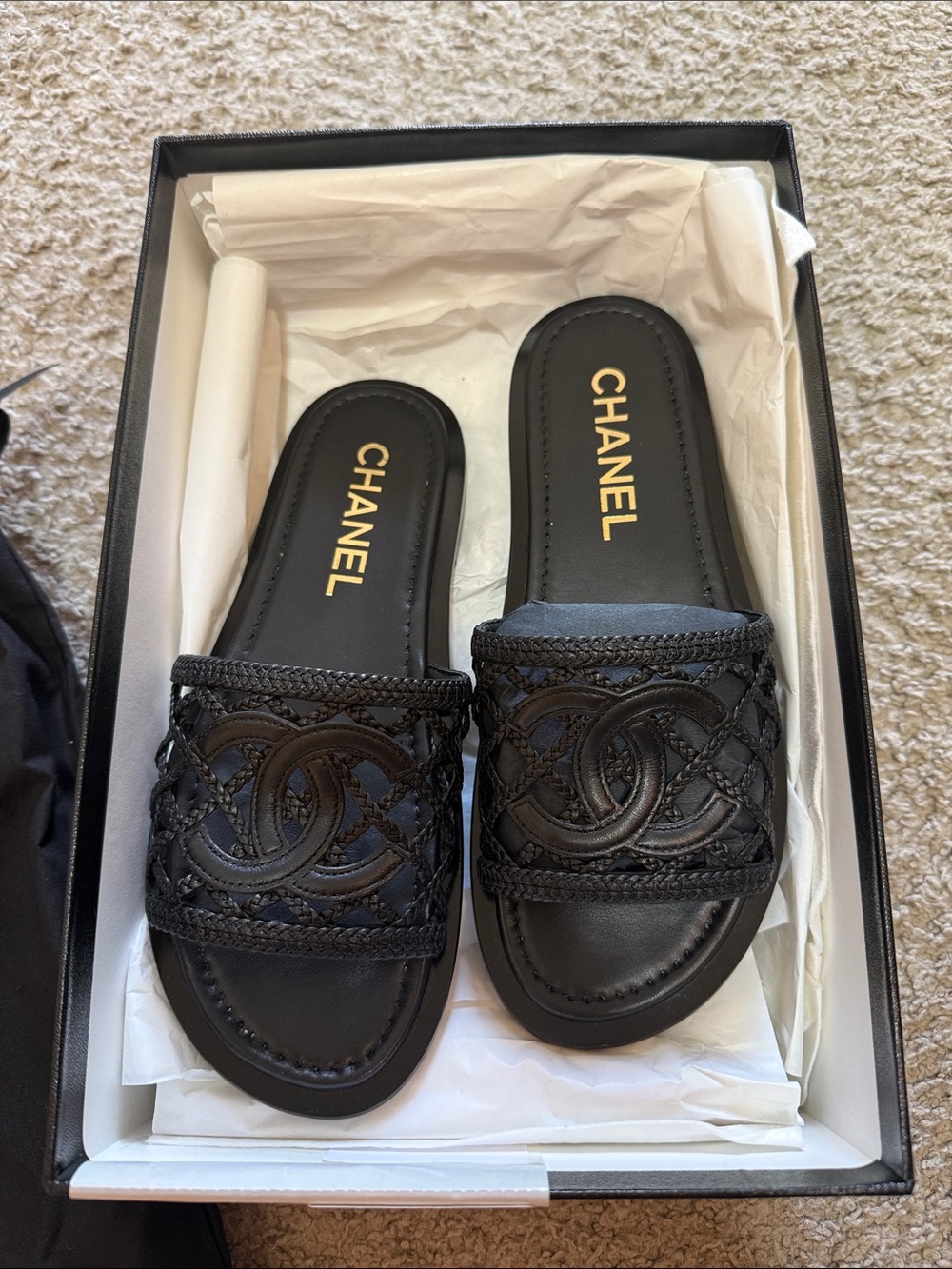 CHANEL Black Braided Leather CC Slide Sandals. 37 | Worn Once